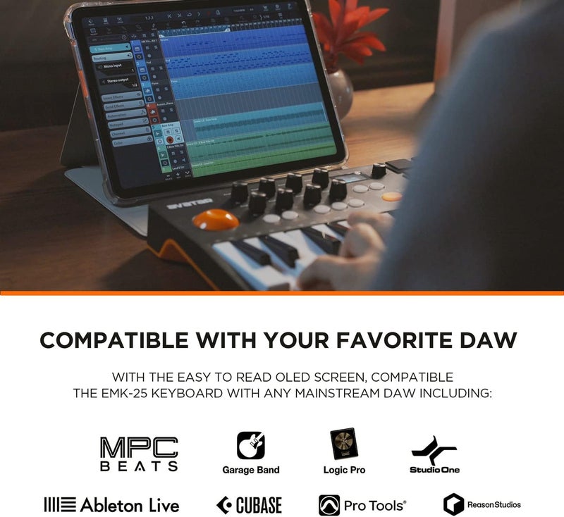HXW Portable Bluetooth MIDI Keyboard Controller, With 25 Key, 9 Backlit Beat Pads, OLED Display, 8 Knobs, Software Included, USB Powered/Battery Operation - Image 4